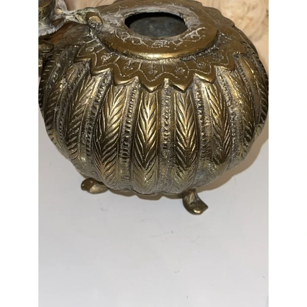 Antique Indian Cast Bronze Mughal‎ Footed Ink Well w/ Peacock Lid & Fluted Sides
